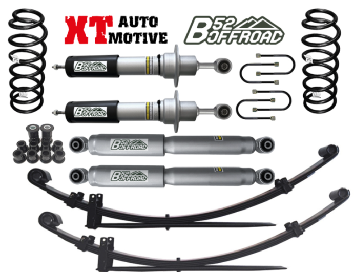 b52 offroad + xt automotiveB52 - Kit suspension réhausse +50mm Nissan Navara D40 comprend : 2 ressorts avant médium - 2 lames arrière médium - jeu de bagues pour les 2 lames - 2 kits brides - 4 amortisseurs Nitrogas