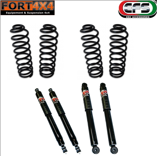 EFS - Kit suspension réhausse +75mm Nissan Patrol Y60 LONG composé de - 2 ressorts avant +100KG - 2 ressorts arrière + 300kg - 4 amortisseurs EFS renforcés XTR