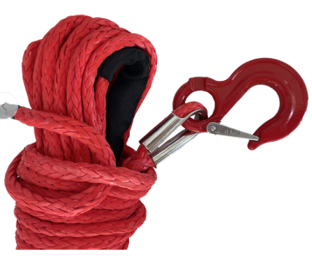Corde de treuil 12 tresses uhmwpe 12mm 25m/bobine avec cosse, patte, crochet et gaine de protection