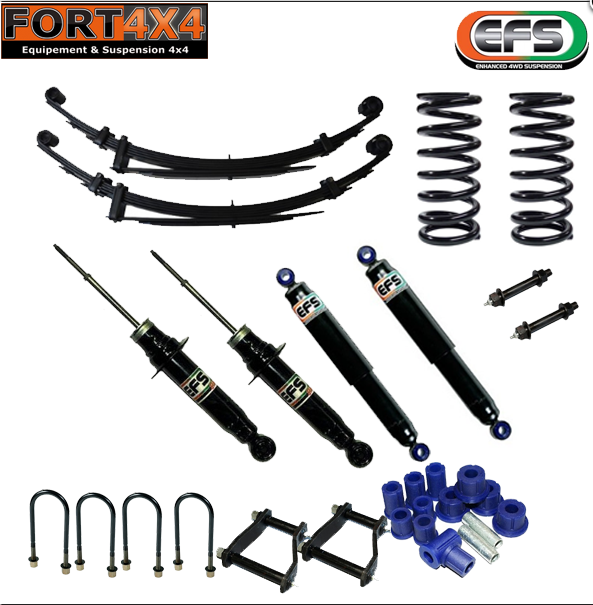 EFS - Kit suspension réhausse +40mm Toyota Hilux Vigo (2005 à 2015) comprend : 2 Ressorts +50/100 kg - 2 Lames renforcées +300 kg - 4 Amortisseurs EFS XTR - 2 Jeux de Brides - 1 Kit silent blocs - Jumelles et axes graissables