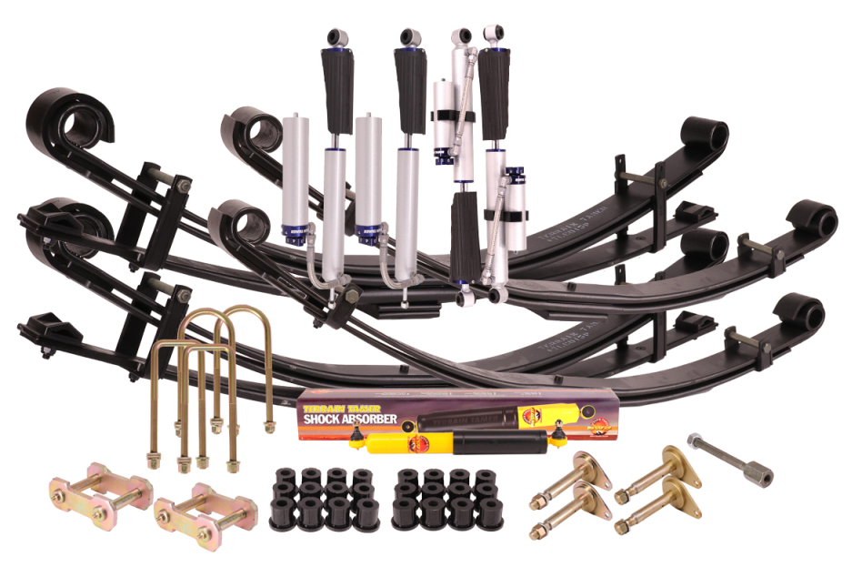 KIT DE SUSPENSION TERRAIN TAMER AVEC AMORTISSEUR PRO SHOCK ET LAMES PARABOLIQUES REHAUSSE +40/50MM POUR TOYOTA LANDCRUISER 75