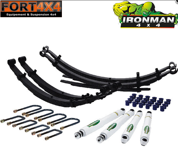 IRONMAN 4X4 - Kit suspension réhausse +40mm Nissan Patrol 260 comprend : 4 lames MEDIUM AVANT 1220 MM-ARRIERE 1360 MM - 2 jeu de bagues - 4 kits brides - 4 amortisseurs RESPONSE GAZ