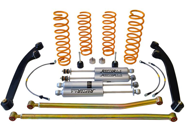 KIT DE RÉHAUSSE DE SUSPENSION + 5/6 CM-4 ressorts +6cm- 4 amortisseurs haute performance - 2 barres Panhard réglables avant + arrière- 1 kit de butées - 3 tuyaux de frein rallongés - 1 paire de bras de suspension avant 