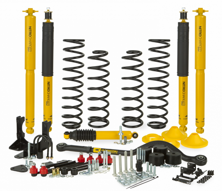 Kit réhausse + 10 cms OME Wrangler JK essence-4 ressorts 4 amortisseurs Un amortisseur de direction Kit abaissement répartiteur de freinage Kit abaissement barre stabilisatrice Kit déplacement des durites de frein Barre panhard avant réglable Kit