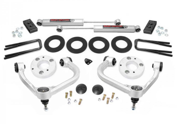 Kit de suspension Rough Country Lift 3'-2 amortisseurs AR+ CALES LAMES+ TRIANGLE AV AVEC CALES -modèles 4WD-2021-2025