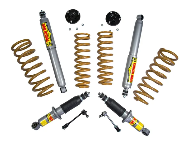 TOUGH DOG -KIT SUSPENSION- Réhausse +40mm / Charge Lourde  +300KG  AR -Contient : 4 amortisseurs, 4 ressorts, 2 coupelles, 2 biellettes rallongées