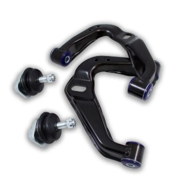 KIT de 2 TRIANGLES Supérieurs Réglables SuperPro-Réglable Jusqu'à 3° de chasse  Pour rehausse jusqu'à 50mm  Livrés avec rotules et bagues polyuréthane 