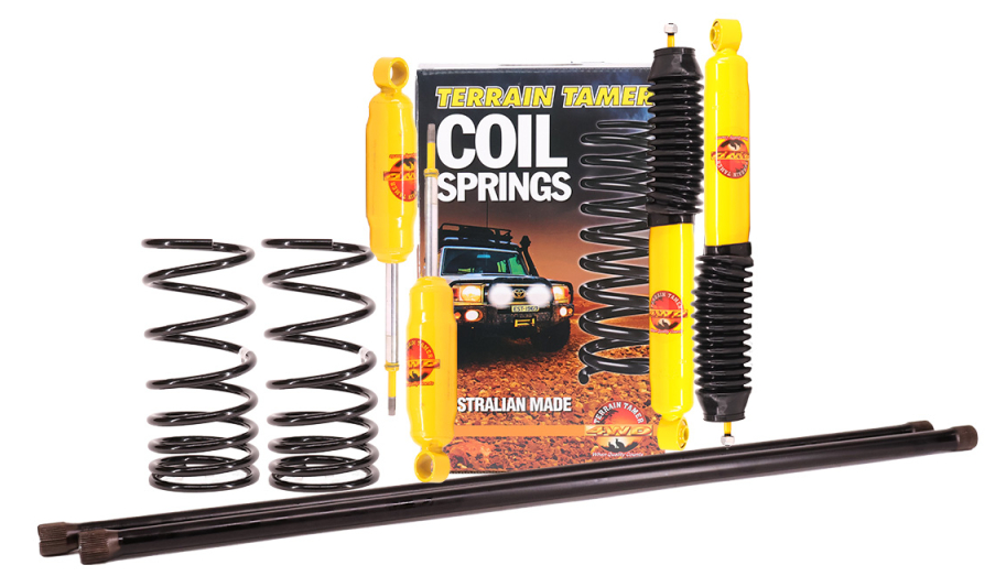 TERRAIN TAMER -KIT DE SUSPENSION REHAUSSE +40/50MM POUR MITSUBISHI PAJERO II 5 PORTES DE 1991 A 1999 2.8 TD V26/V46-1 PARE DE BARRE DE TORSION 1307MM + 4 AMORTISSEURS -2 RESSORTS PROGRESSIFS 200 KG