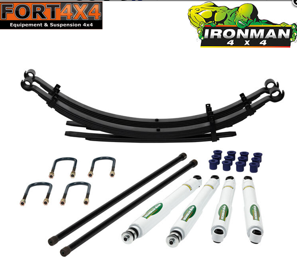 IRONMAN4X4- Kit suspension réhausse +50mm Toyota Hilux 1998-2004 comprenant : 1 paire de barres de torsions - 2 Paquets lames renforcées de 200 au PTAC 1300mm long  - Silentblocs polyuréthane - Brides lames arrière - Amortisseurs ELITE