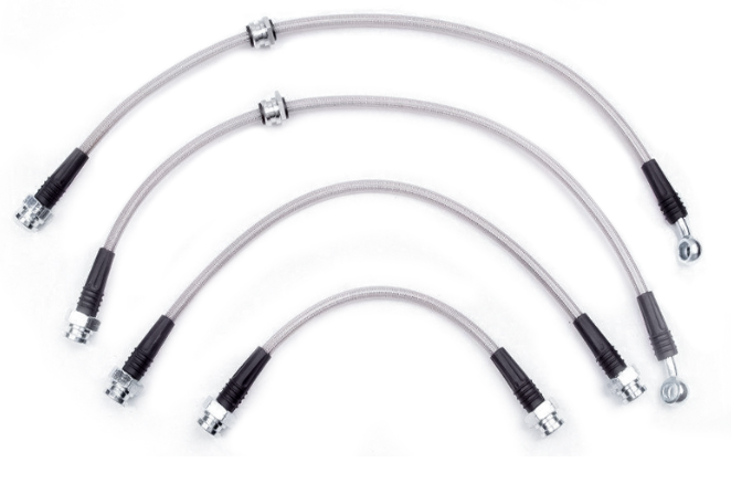 Kit de 4 flexibles de frein rallongés. Recommandé pour les rehausses de +4 cm.Les tuyaux sont conformes à la norme SAE J1401 