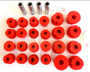 KIT COMPLET EN POLYURÉTHANE ROUGE SAMOURAÏ-Kit de 16 petites bagues et 8 grandes avec tubes neufs pour ressorts à lames et manilles de Suzuki.