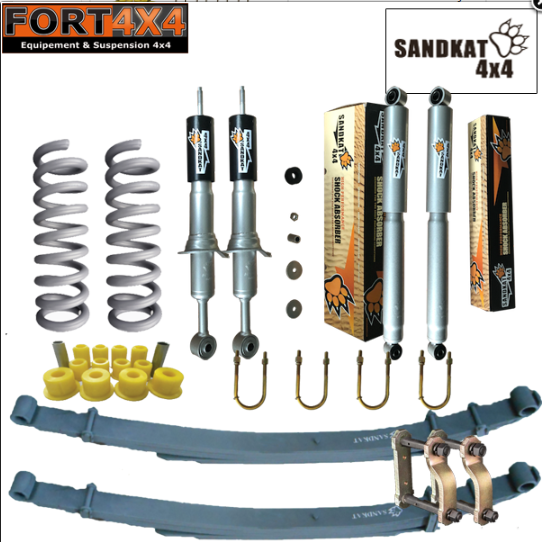 SANDKAT 4X4 - Kit suspension réhausse +50mm Mitsubishi L200 2015+ et Fiat Fullback comprend : 1 Paire de ressorts +100KG - 2 lames renforcées +400KG - jumelles graissables - 2 kits brides - 1 jeu de bagues - 4 Amortisseurs Nitrogas+COUPELLES