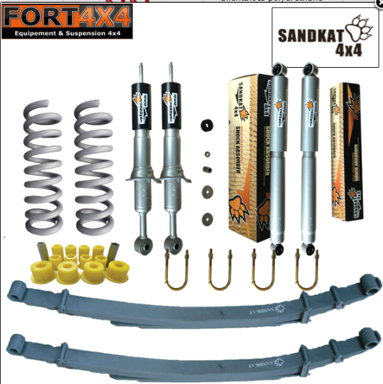 SANDKAT 4X4 - Kit suspension réhausse +50mm Mitsubishi L200 2015+ et Fiat Fullback comprend : 1 Paire de ressorts +100KG - 2 lames renforcées +400KG - 2 kits brides - 1 jeu de bagues - 4 Amortisseurs Nitrogas+coupelles
